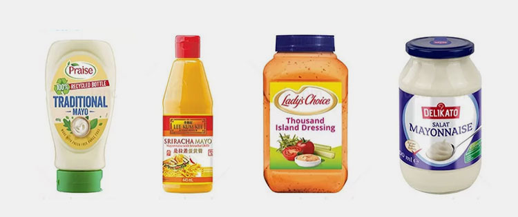 Different shapes and sizes of the packed used in the mayonnaise packing machine