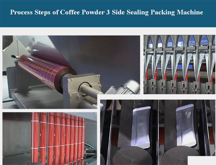 working of coffee powder 3 side sealing packing machine