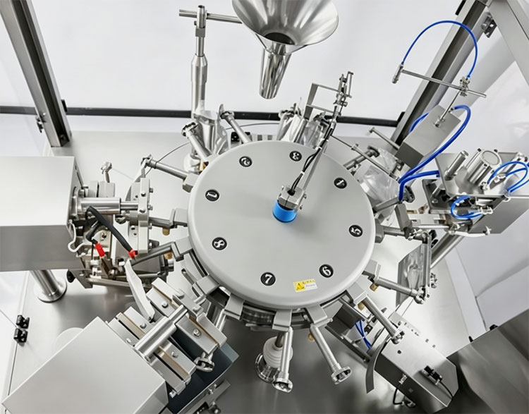 Desiccant dosing station in premade pouch filling machine