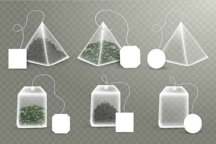 Pyramid and rectangular Shape Tea Bag Set. Mock Up With Empty Square, Rectangle Labels. Green and black tea. 3D Realistic Teabag Template. Vector Illustration